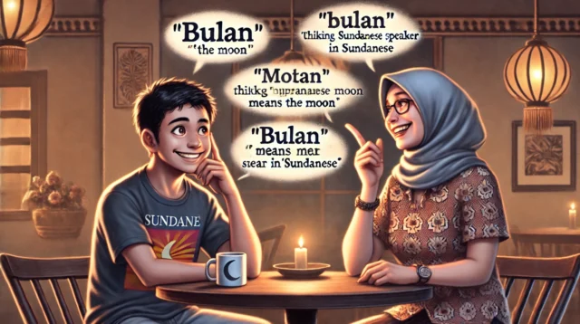 A realistic depiction of two people engaged in a conversation about Sundanese words with humorous misunderstandings.