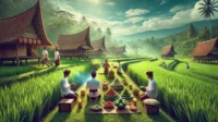 A realistic scene of the traditional Sundanese farming ritual, Mitembeyan, in a lush paddy field. Farmers in traditional Sundanese attire.