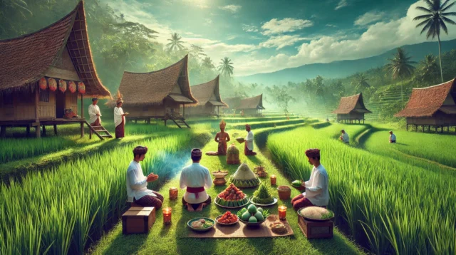 A realistic scene of the traditional Sundanese farming ritual, Mitembeyan, in a lush paddy field. Farmers in traditional Sundanese attire.