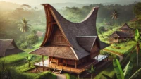 A traditional Sundanese house with a 'Badak Heuay' roof, showcasing its unique sloping structure that resembles a yawning rhino.