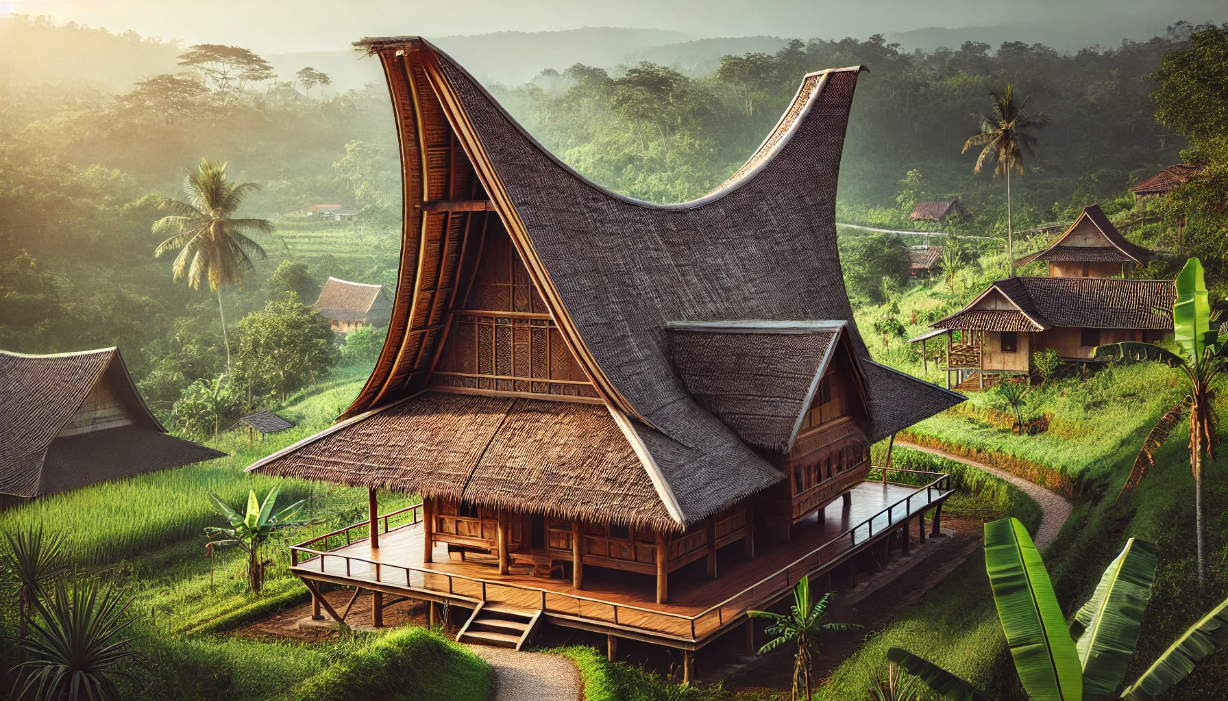 A traditional Sundanese house with a 'Badak Heuay' roof, showcasing its unique sloping structure that resembles a yawning rhino.